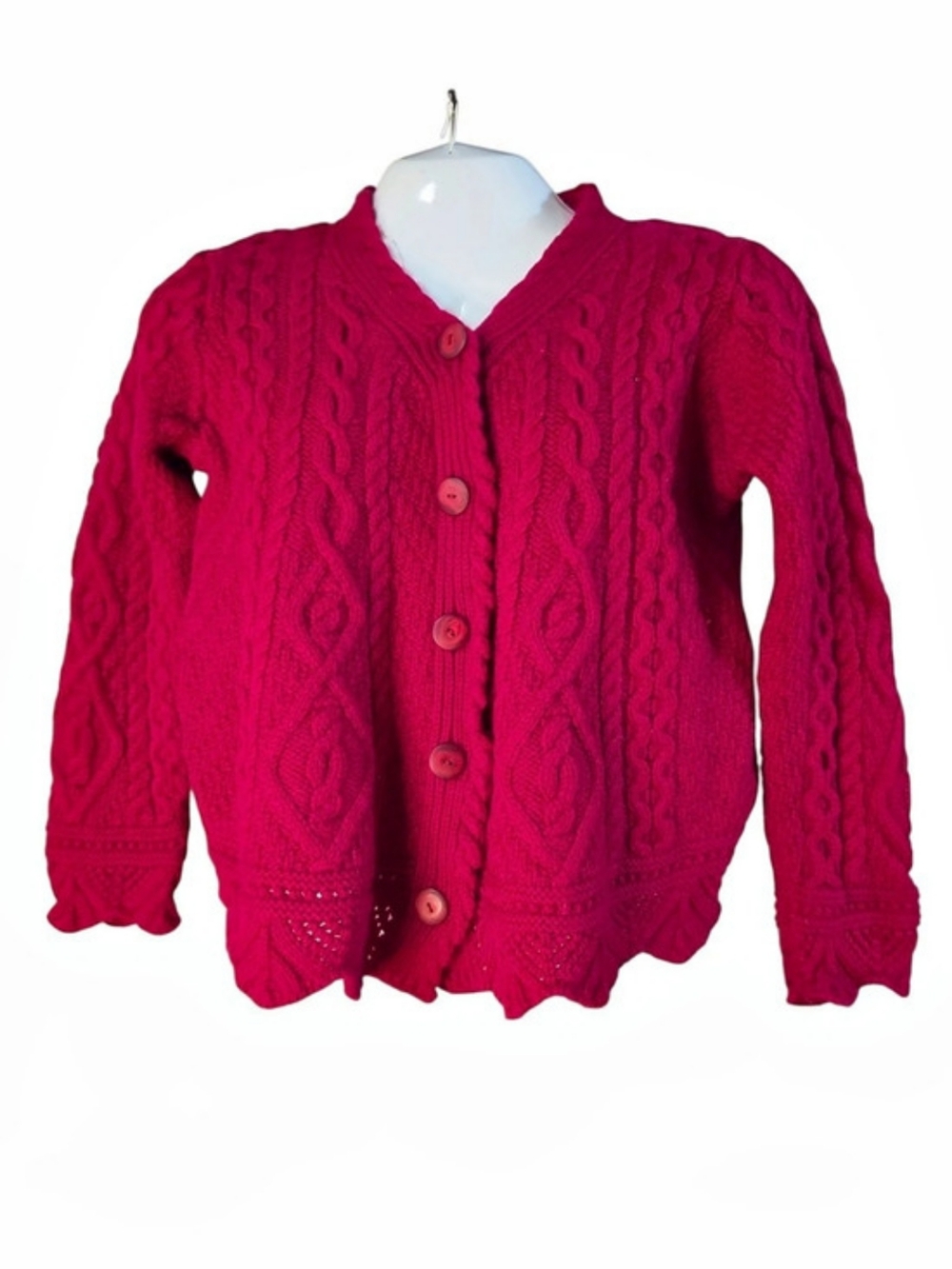 Aran Sweater Market Merino Wool Cable Knit Button Red Medium
